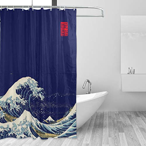 SJOAOAA Hochwertiger japanischer Wellen-Duschvorhang, Aquatische Wirbel, Vögel des Ozeans, Ukiyo-e-Stil, Kunstwerk, Graustufenhintergrund, Stoff-Badezimmerdekor-Set mit Haken, Blau – 152,4 x 182,9 cm von SJOAOAA