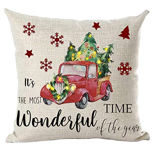 SJOAOAA Merry Christmas It's The Most Wonderful Time of The Year Red Pickup Truck Tree Stars Decorative Throw Pillow Cover Case Home Living Room Bed Sofa Car Cotton Linen Square 45,7 x 45,7 cm von SJOAOAA