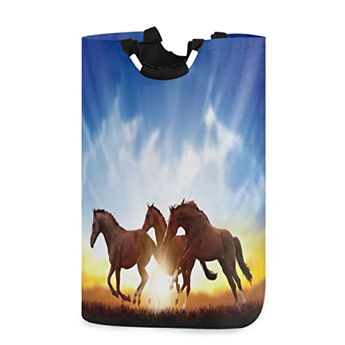 SJOAOAA Sunset Running Horses Wäschekorb mit Griffen, wasserdicht, zusammenklappbar, großer Schmutzwäschekorb für Waschküche, 57 cm von SJOAOAA