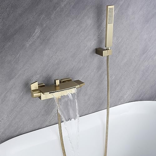 Badewannenarmatur Wasserfall Badewanne Wasserhahn Alle Kupfer Wand Wasserfall Dusche Heiße Und Kalte Badewanne Wasserhahn (Gebürstetes Gold) von SJQKA