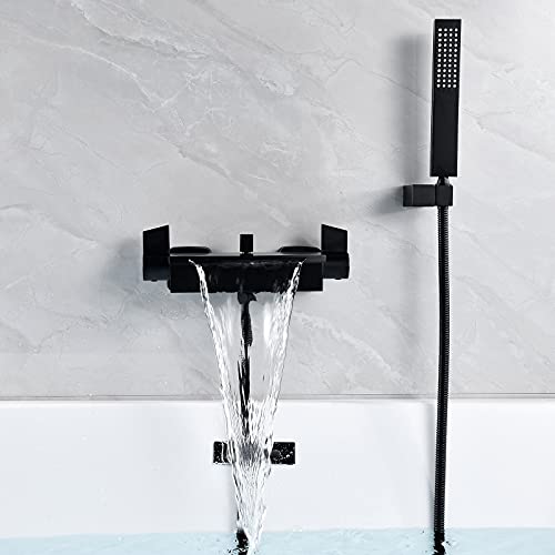 Badewannenarmatur Wasserfall Schwarz,badewannenarmatur Mit Handbrause,Messingmaterial Wannenarmatur Mit Brause Badewannen Wandarmatur Badewannenarmatur Schwarz Matt (Schwarz) von SJQKA