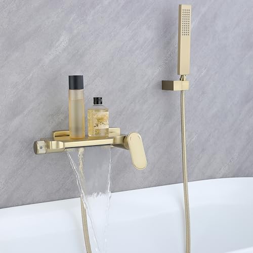 Badewannenarmatur Wasserfall Mit Handbrause Wasserhahn Badewanne Wandmontage Badarmatur Mischbatterie Badewanne Bad Armaturen Badewanne Messing (Gebürstetes Gold) von SJQKA