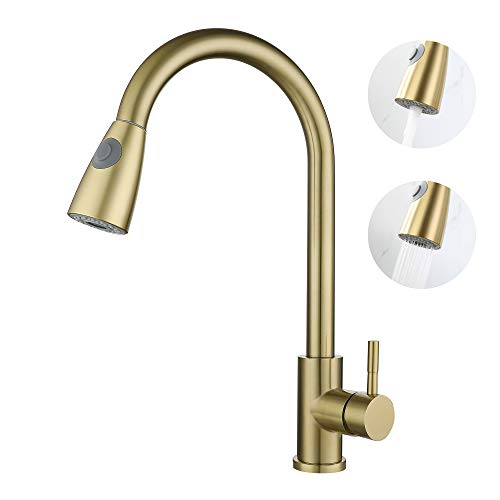 Küchenarmatur Ausziehbar 360° Drehbar Küchenauszug Wasserhahn Gold heiß und kalt drehbar Edelstahl Wasserhahn Waschbecken mit Duschhahn von SJQKA