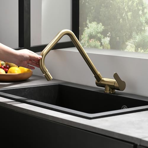 SJQKA Vorfenster Küchenarmatur, Gebürstetes Gold Wasserhahn Küche Klappbar, Umklappbarer Einhebelmischer Küche Mischbatterie Mit Kalt- Und Warmwasserschlauch SJQKA Vorfenster Küchenarmatur, Gebürstetes Gold Wasserhahn Küche Klappbar, Umklappbarer Einhebelmischer Küche Mischbatterie Mit Kalt- Und Warmwasserschlauch von SJQKA