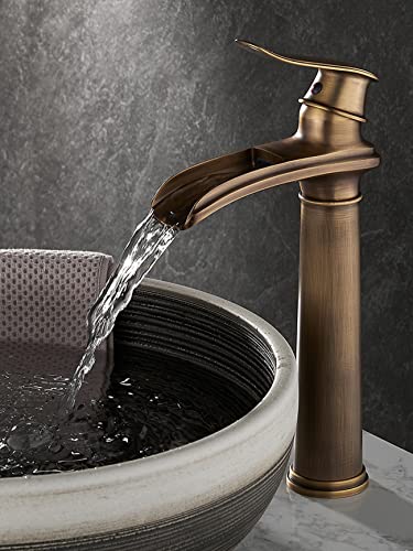 SJQKA Waschtisch Armatur Wasserfall Schwarz, Waschtischarmatur Hoch Retro, Hoch Wasserhahn Wasserfall Bad,mischbatterie Bad Wasserfall (Retro Bronze-hoch) von SJQKA