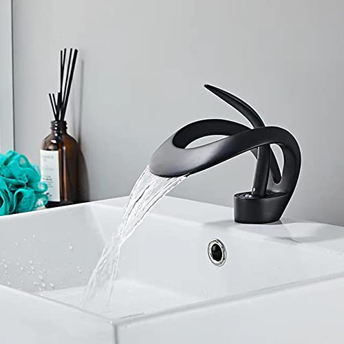 SJQKA Wasserfall Wasserhahn Bad Wasserhahn für Badezimmer, Aus Erstklassigem Messing, Einhandmischer Für Bad Waschbecken (Schwarz) von SJQKA