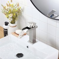 Sjqka - Wasserfall-Badezimmerarmatur aus Edelstahl mit heißem und kaltem Auslauf, Einhebel-Waschtischarmatur (gebürstet) von SJQKA