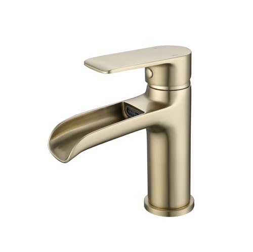 Wasserfall Waschtischarmatur Gebürstetes Gold, Wasserhahn Bad Wasserfall,Wasserhahn Waschbecken Für Badezimmer, Einhandmischer Waschbeckenarmatur,Bad Brass Mischbatterie von SJQKA