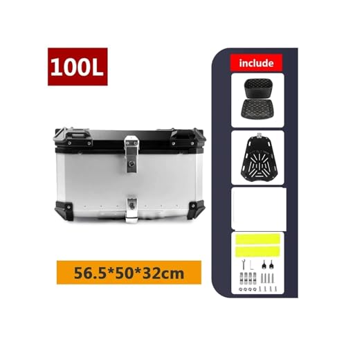 SJSJJAH 45L 55L 65L 80L 100L Motorrad-Aluminium-Topcase Große Kapazität Motorrad-Hinterkoffer Universal-Gepäck-Heckbox Moto Top Box(100L B Silver) von SJSJJAH
