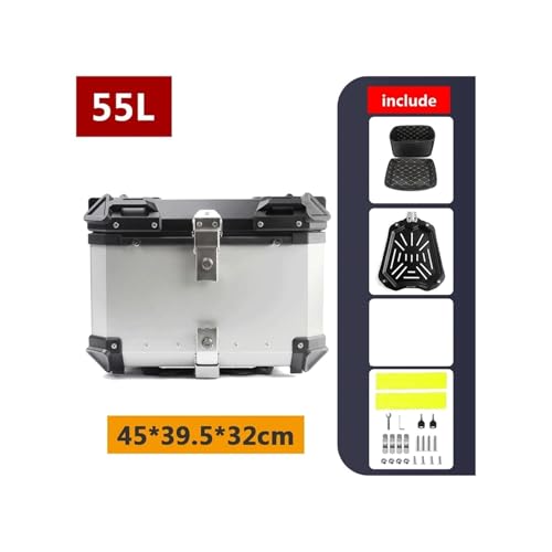 SJSJJAH 45L 55L 65L 80L 100L Motorrad-Aluminium-Topcase Große Kapazität Motorrad-Hinterkoffer Universal-Gepäck-Heckbox Moto Top Box(55L A Silver) von SJSJJAH