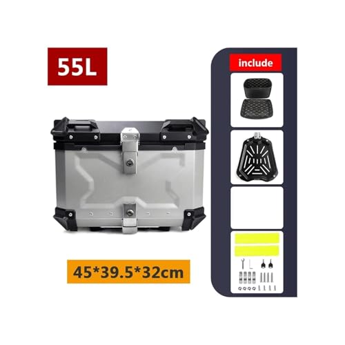 SJSJJAH 45L 55L 65L 80L 100L Motorrad-Aluminium-Topcase Große Kapazität Motorrad-Hinterkoffer Universal-Gepäck-Heckbox Moto Top Box(55L B Silver) von SJSJJAH