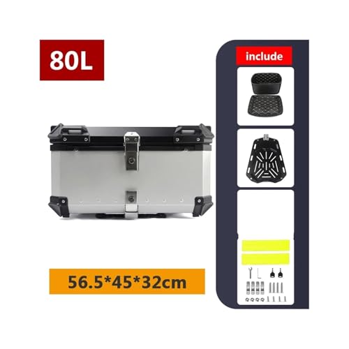 SJSJJAH 45L 55L 65L 80L 100L Motorrad-Aluminium-Topcase Große Kapazität Motorrad-Hinterkoffer Universal-Gepäck-Heckbox Moto Top Box(80L A Silver) von SJSJJAH