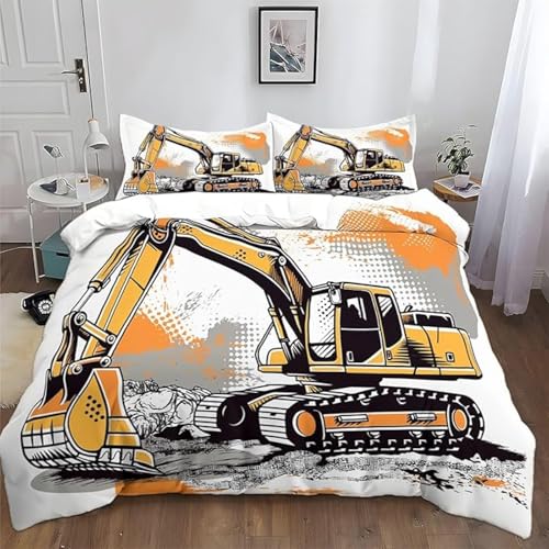 SJSXWQN Bettwäsche 135x200 Bagger Bettwäsche-Set mit Reißverschluss Schließung für Kinder Mädchen Weicher Atmungsaktive Mikrofaser Bettbezug + 2 Kopfkissenbezug 80x80 cm von SJSXWQN