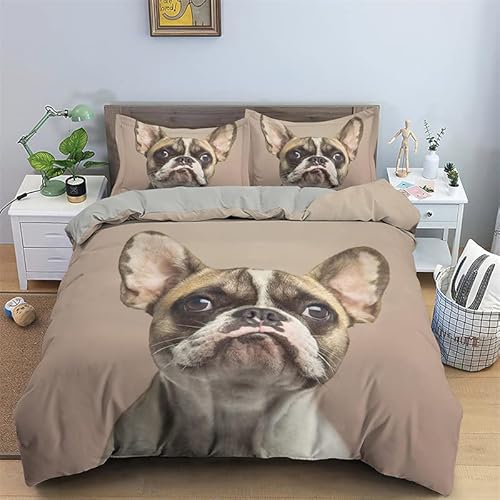 SJSXWQN Bettwäsche 135x200 Kaffee FranzöSische Bulldogge Bettwäsche-Set mit Reißverschluss Schließung für Kinder Mädchen Weicher Atmungsaktive Mikrofaser Bettbezug + 2 Kopfkissenbezug 80x80 cm von SJSXWQN