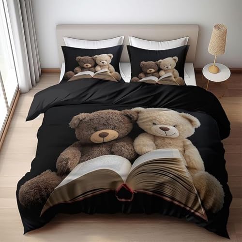 SJSXWQN Bettwäsche 135x200 Schwarzer TeddybäR Bettwäsche-Set mit Reißverschluss Schließung für Kinder Mädchen Weicher Atmungsaktive Mikrofaser Bettbezug + 2 Kopfkissenbezug 80x80 cm von SJSXWQN