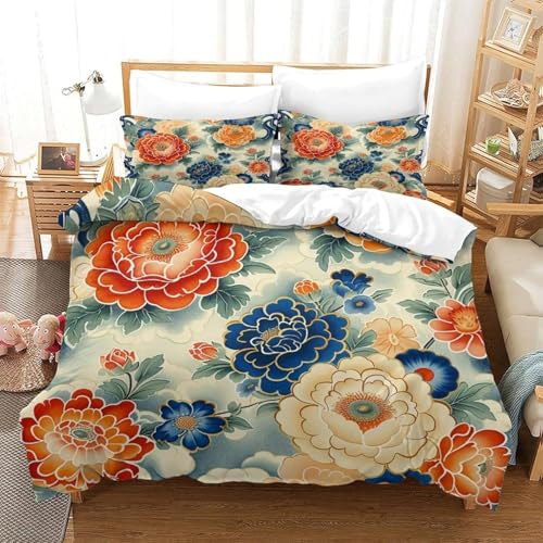 SJSXWQN Bettwäsche 135x200 Vintage-Pfingstrose Bettwäsche-Set mit Reißverschluss Schließung für Kinder Mädchen Weicher Atmungsaktive Mikrofaser Bettbezug + 2 Kopfkissenbezug 80x80 cm von SJSXWQN