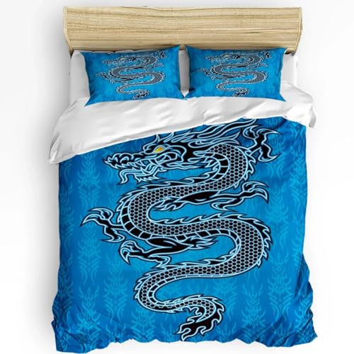 SJSXWQN Bettwäsche 155x220 Blauer Drache Bettwäsche-Set mit Reißverschluss Schließung für Kinder Jugendliche Weicher Atmungsaktive Mikrofaser Bettbezug + 2 Kopfkissenbezug 80x80 cm von SJSXWQN