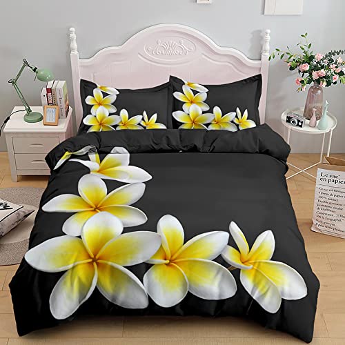 SJSXWQN Bettwäsche 155x220 Schwarze Frangipani Bettwäsche-Set mit Reißverschluss Schließung für Kinder Jugendliche Angenehme Atmungsaktive Mikrofaser Bettbezug + 2 Kopfkissenbezug 80x80 cm von SJSXWQN