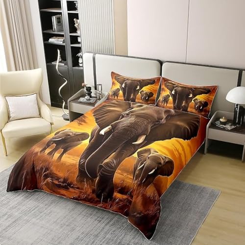SJSXWQN Bettwäsche 200x200 Afrikanischer Elefant Bettwäsche-Set mit Reißverschluss Schließung für Erwachsene Kinder Weicher Atmungsaktive Mikrofaser Bettbezug + 2 Kopfkissenbezug 80x80 cm von SJSXWQN