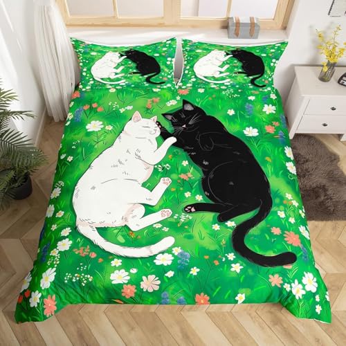 SJSXWQN Bettwäsche 200x200 GrüNe Katze Bettwäsche-Set mit Reißverschluss Schließung für Erwachsene Kinder Weicher Atmungsaktive Mikrofaser Bettbezug + 2 Kopfkissenbezug 80x80 cm von SJSXWQN