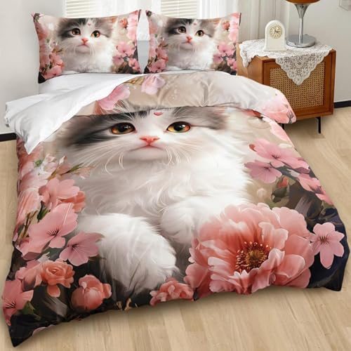 SJSXWQN Bettwäsche 200x200 WeißE Katze Bettwäsche-Set mit Reißverschluss Schließung für Erwachsene Kinder Weicher Atmungsaktive Mikrofaser Bettbezug + 2 Kopfkissenbezug 80x80 cm von SJSXWQN