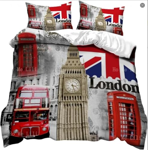 SJSXWQN Bettwäsche 200x220 London, England Bettwäsche-Set mit Reißverschluss Schließung für Erwachsene Kinder Weicher Atmungsaktive Mikrofaser Bettbezug + 2 Kopfkissenbezug 80x80 cm von SJSXWQN