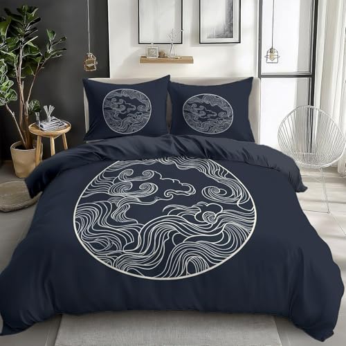 SJSXWQN Bettwäsche 200x220 Marineblaue Japanische Elemente Bettwäsche-Set mit Reißverschluss Schließung für Erwachsene Kinder Weicher Atmungsaktive Mikrofaser Bettbezug + 2 Kopfkissenbezug 80x80 cm von SJSXWQN