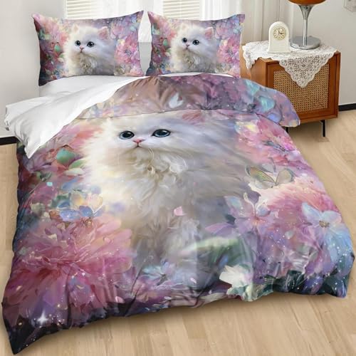 SJSXWQN Bettwäsche 200x220 SüßE Katze Bettwäsche-Set mit Reißverschluss Schließung für Erwachsene Kinder Weicher Atmungsaktive Mikrofaser Bettbezug + 2 Kopfkissenbezug 80x80 cm von SJSXWQN