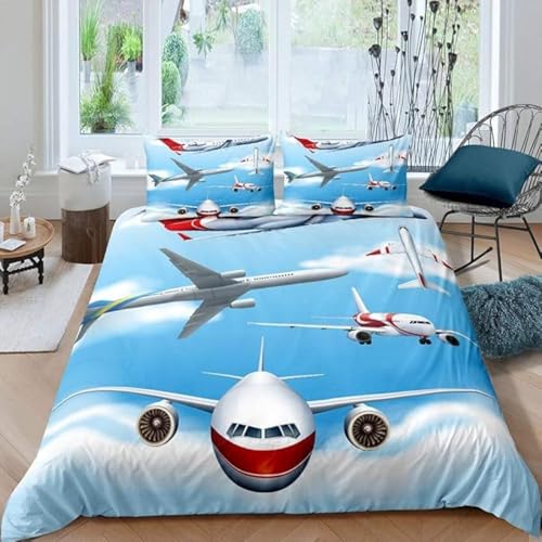SJSXWQN Bettwäsche 220x240 Blaues Flugzeug Bettwäsche-Set mit Reißverschluss Schließung für Erwachsene Kinder Weicher Atmungsaktive Mikrofaser Bettbezug + 2 Kopfkissenbezug 80x80 cm von SJSXWQN