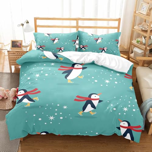SJSXWQN Bettwäsche 220x240 GrüNer Pinguin Bettwäsche-Set mit Reißverschluss Schließung für Erwachsene Kinder Weicher Atmungsaktive Mikrofaser Bettbezug + 2 Kopfkissenbezug 80x80 cm von SJSXWQN