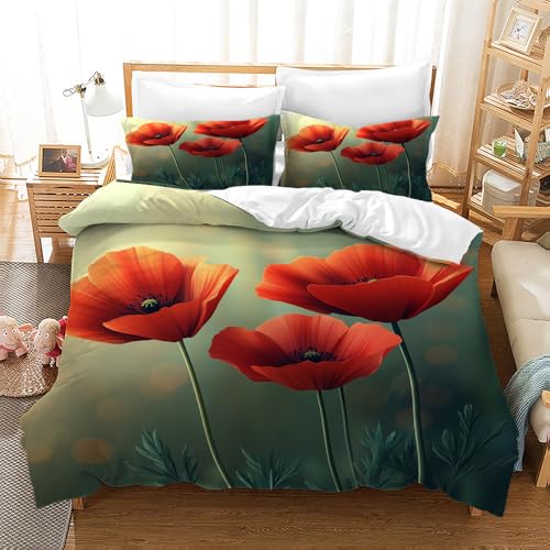 SJSXWQN Bettwäsche 220x240 Rote Mohnblume Bettwäsche-Set mit Reißverschluss Schließung für Erwachsene Kinder Weicher Atmungsaktive Mikrofaser Bettbezug + 2 Kopfkissenbezug 80x80 cm von SJSXWQN