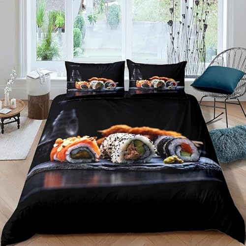 SJSXWQN Bettwäsche 220x240 Schwarzes Sushi Bettwäsche-Set mit Reißverschluss Schließung für Erwachsene Kinder Weicher Atmungsaktive Mikrofaser Bettbezug + 2 Kopfkissenbezug 80x80 cm von SJSXWQN