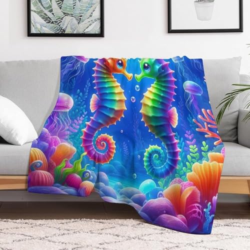 SJSXWQN Decke Blaues Seepferdchen Kuscheldecke Flauschig für Bett und Sofa Extra Weich Warme Mikrofaser Wohndecke Fleecedecke als Sofadecke Couchdecke Kuscheldecke - 180x200 cm von SJSXWQN
