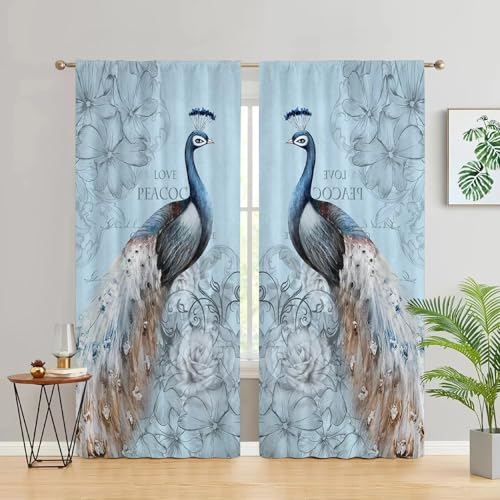 SJSXWQN Gardinen Blauer Pfau Vorhänge mit Ösen Vorhang Blickdicht Thermo Verdunklungsvorhänge Schiebegardinen für Schlafzimmer Wohnzimmer H 220 x B 140 cm 2er Set von SJSXWQN