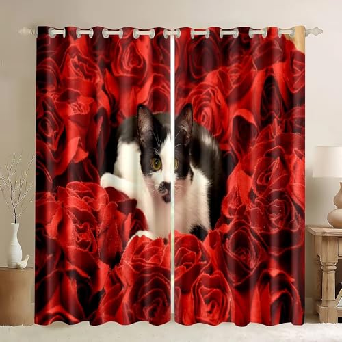 SJSXWQN Gardinen Katze Rote Rose Vorhänge mit Ösen Vorhang Blickdicht Thermo Verdunklungsvorhänge Schiebegardinen für Schlafzimmer Wohnzimmer H 220 x B 140 cm 2er Set von SJSXWQN