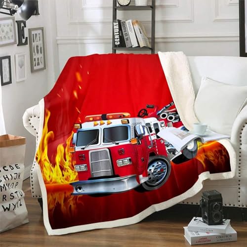 SJSXWQN Kuscheldecke Rotes Feuerwehrauto Kuscheldecke Flauschig Extra Weich Warme Mikrofaser Wohndecke Fleecedecke als Tagesdecke Sofadecke Couchdecke Bettüberwurf - 180x220 cm von SJSXWQN