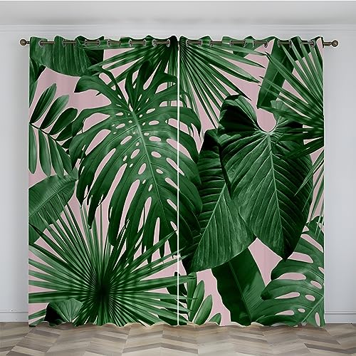 SJSXWQN Vorhänge GrüNe Monstera-BläTter Gardinen mit Ösen Vorhang Blickdicht Thermo Verdunklungsvorhänge Schiebegardinen für Schlafzimmer Wohnzimmer H 245 x B 140 cm 2er Set von SJSXWQN