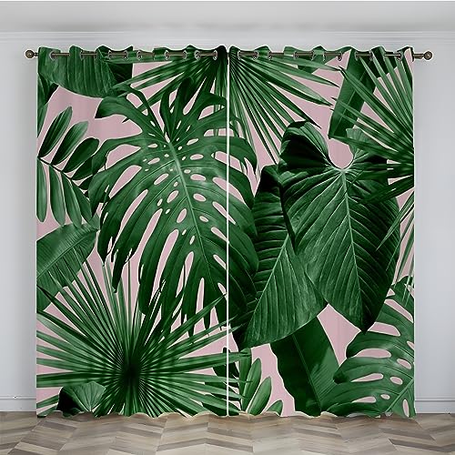 SJSXWQN Vorhang GrüNe Monstera-BläTter Gardinen mit Ösen Vorhang Blickdicht Thermo Verdunklungsvorhänge Schiebegardinen für Schlafzimmer Wohnzimmer H 260 x B 140 cm 2er Set von SJSXWQN