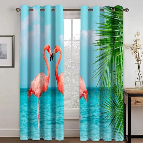 SJSXWQN Vorhang GrüNer Flamingo Gardinen mit Ösen Vorhang Blickdicht Thermo Verdunklungsvorhänge Schiebegardinen für Schlafzimmer Wohnzimmer H 200 x B 140 cm 2er Set von SJSXWQN