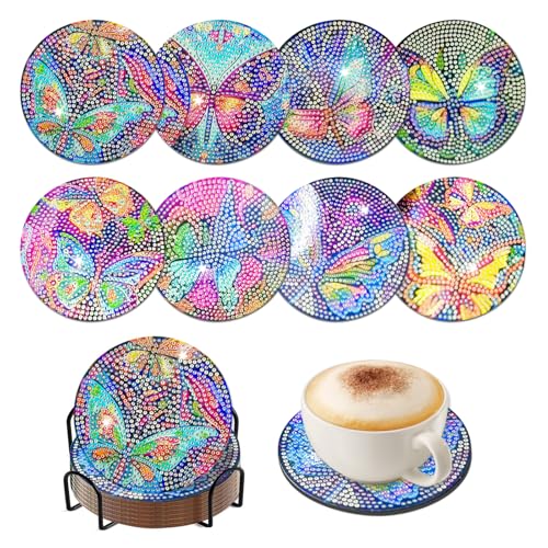 SJUIEO 8-teiliges Set mit bunten Schmetterlingsmustern, selbstgemachte Untersetzer mit Diamantmalerei, handgefertigte Diamantuntersetzer, DIY-Diamantmalerei (mit Untersetzerhalter) von SJUIEO