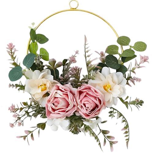 SJUNJIE Türkranz Frühling Künstliche Blumen Metallring Rosen Türkranz Wandkranz Trockenblumen Kranz Osterkranz Haustür Deko Türkranz Modern Frühlingskranz für Schlafzimmer Fenster Hochzeit von SJUNJIE
