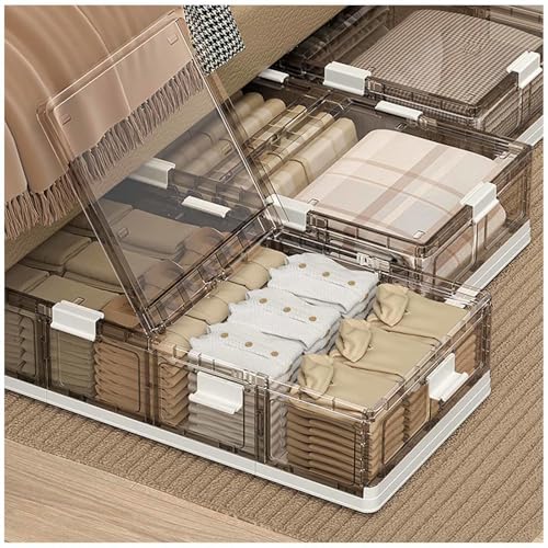 SJWJWOO Unterbettkommode mit Rollen Transparente mit Deckel, Faltbare, Aufbewahrung Unterm Bett 66L Bettschublade Auf Rollen für Kleidung Schuhe Decken Bettwäsche von SJWJWOO