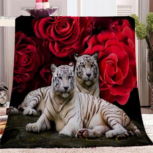 Decke 200x200 Tierischer Tiger und Rosenblume 3D Kuscheldecke Flauschig Decke Fleecedecke Weich und Warme, Wohndecke Flanell als Sofadecke Couchdecke Tagesdecke von SJYHNB