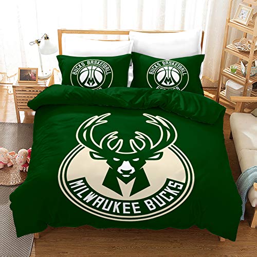 SK-PBB NBA-Team-Logo Bettbezug-Set, 3D-NBA Team-Logo-Druck, Cartoon-Bettwäsche-Set mit Reißverschluss, 100% Polyester, Geschenk-Bettbezug. (Bucks,135x200cm) von SK-PBB