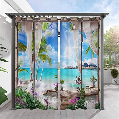 SK Studio 2 Stück Outdoor Vorhang Wetterfest Wasserdicht Sichtschutz Sonnenschutz Vorhang mit Strand-Ozean-Druckmuster für Balkon Terrasse Veranda Pergola Gartenlaube Stil 10, 150x166cm von SK Studio