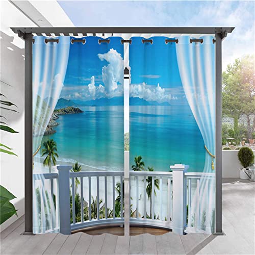 SK Studio 2 Stück Outdoor Vorhang Wetterfest Wasserdicht Sichtschutz Sonnenschutz Vorhang mit Strand-Ozean-Druckmuster für Balkon Terrasse Veranda Pergola Gartenlaube Stil 11, 150x166cm von SK Studio