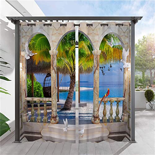 SK Studio 2 Stück Outdoor Vorhang Wetterfest Wasserdicht Sichtschutz Sonnenschutz Vorhang mit Strand-Ozean-Druckmuster für Balkon Terrasse Veranda Pergola Gartenlaube Stil 13, 210x230cm von SK Studio