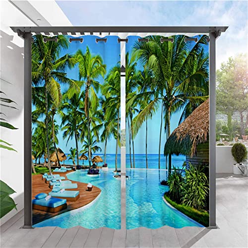 SK Studio 2 Stück Outdoor Vorhang Wetterfest Wasserdicht Sichtschutz Sonnenschutz Vorhang mit Strand-Ozean-Druckmuster für Balkon Terrasse Veranda Pergola Gartenlaube Stil 15, 210x230cm von SK Studio