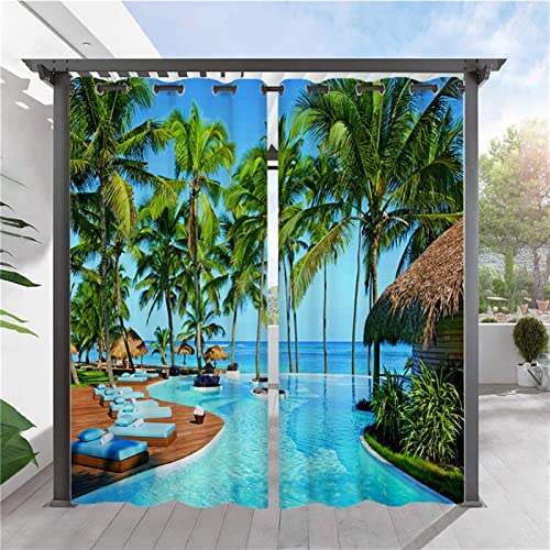 SK Studio 2 Stück Outdoor Vorhang Wetterfest Wasserdicht Sichtschutz Sonnenschutz Vorhang mit Strand-Ozean-Druckmuster für Balkon Terrasse Veranda Pergola Gartenlaube Stil 15, 253x241cm von SK Studio