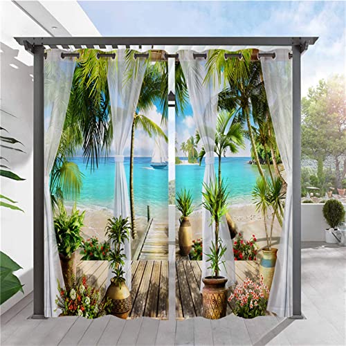 SK Studio 2 Stück Outdoor Vorhang Wetterfest Wasserdicht Sichtschutz Sonnenschutz Vorhang mit Strand-Ozean-Druckmuster für Balkon Terrasse Veranda Pergola Gartenlaube Stil 8, 264x183cm von SK Studio
